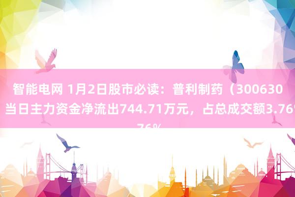 智能电网 1月2日股市必读：普利制药（300630）当日主力资金净流出744.71万元，占总成交额3.76%