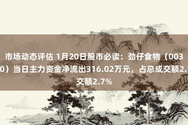 市场动态评估 1月20日股市必读：劲仔食物（003000）当日主力资金净流出316.02万元，占总成交额2.7%